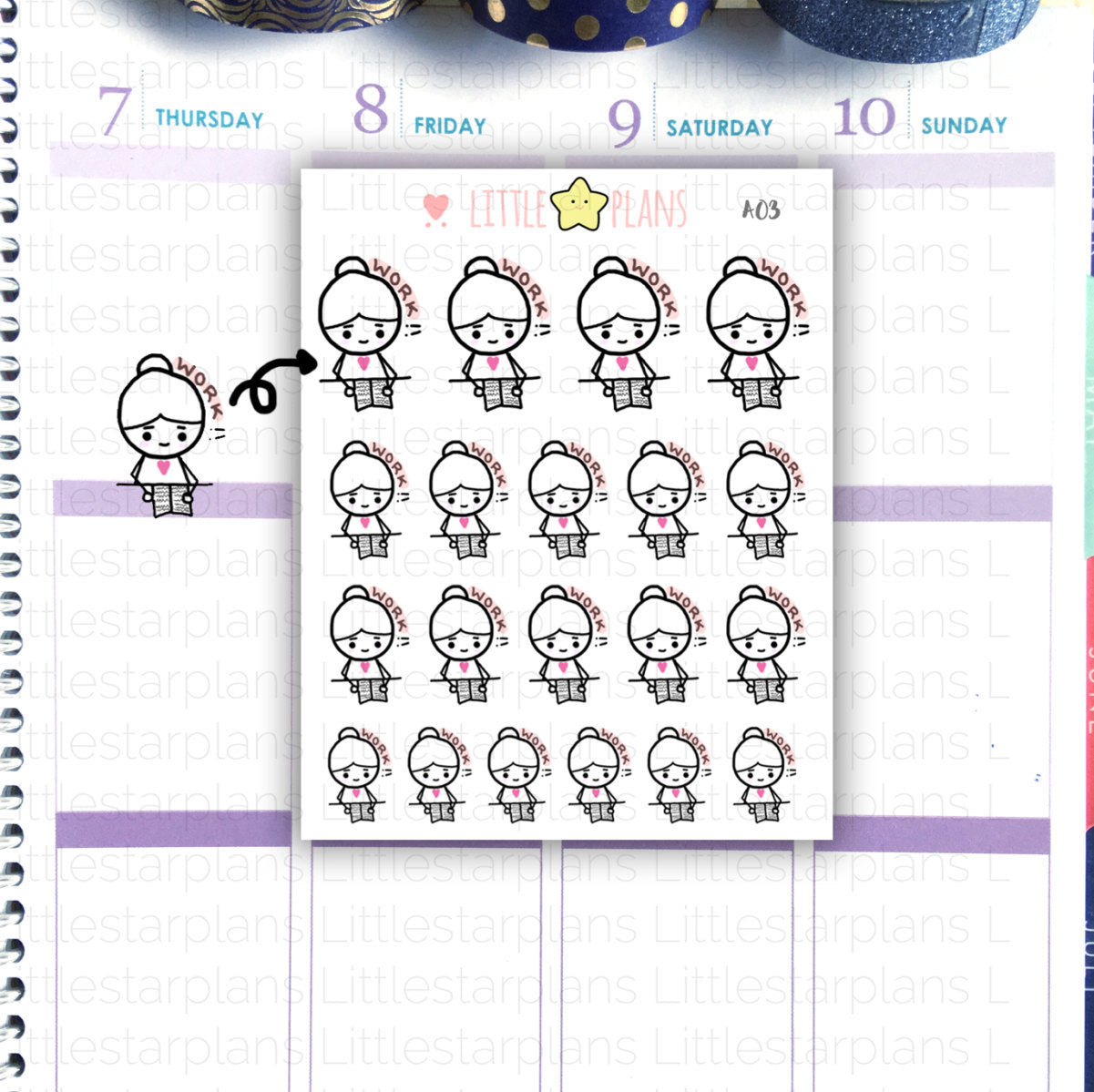 MI002 | Mimi Hand Drawn | Work, Working, Hustling | Planner Stickers - Littlestarplans